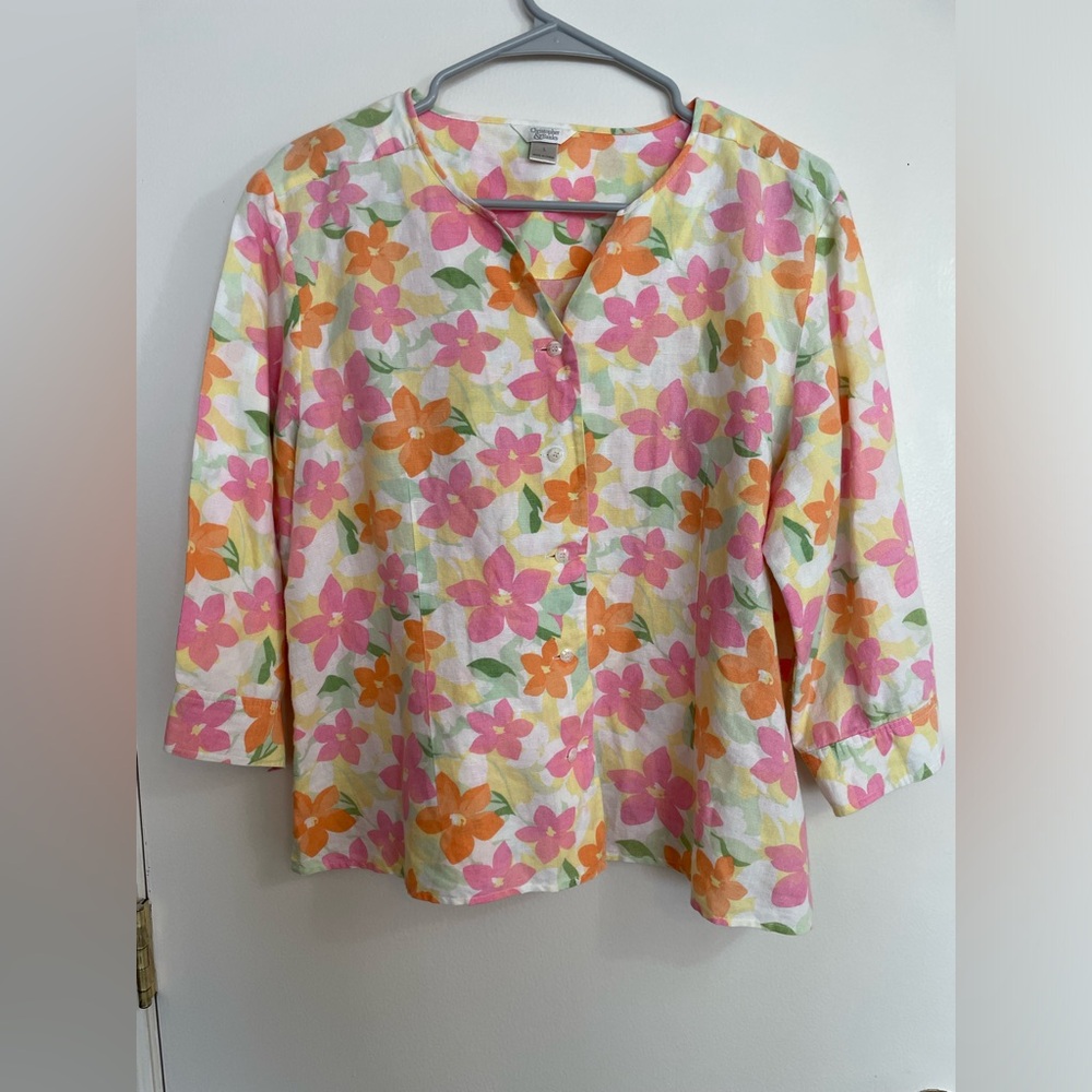 Classic Christopher& Banks Floral Women's Linen Blend Top - Pink and Orange Sz L